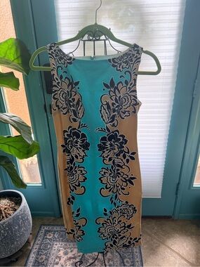 London Times Teal and Tan Floral Sheath Dress